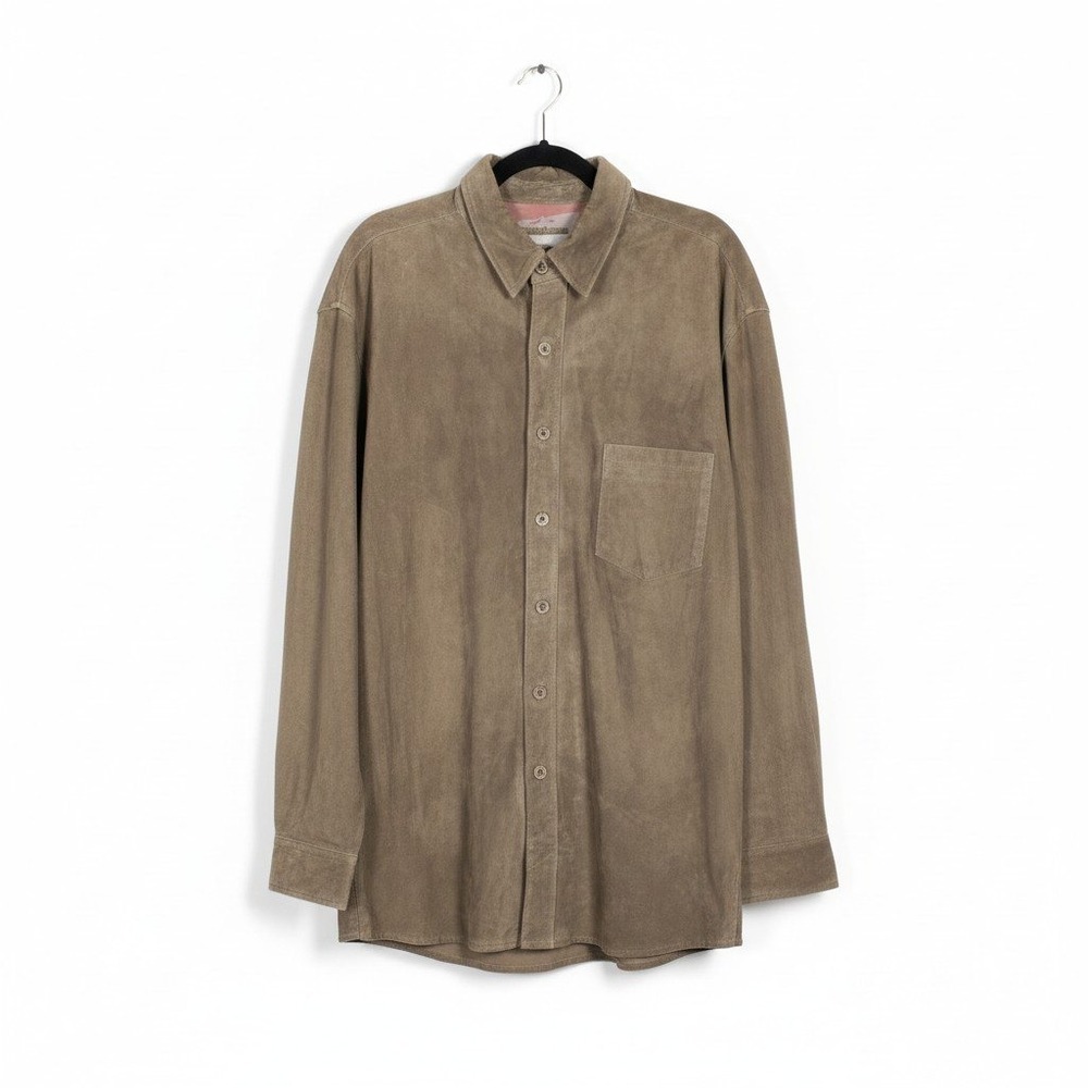 Vintage Walking Co Heavy Suede Leather Shirt Jacket XL Olive Tan 90s Shacket